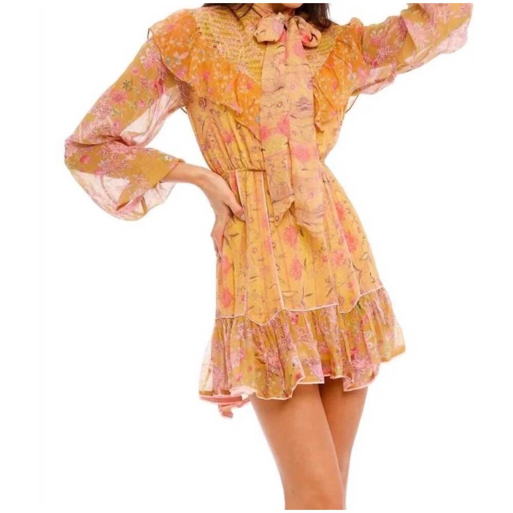 Hemant & Nandita Vim Flounced Hem Ruffled Gold Stitching Dijon Mini Dress XS